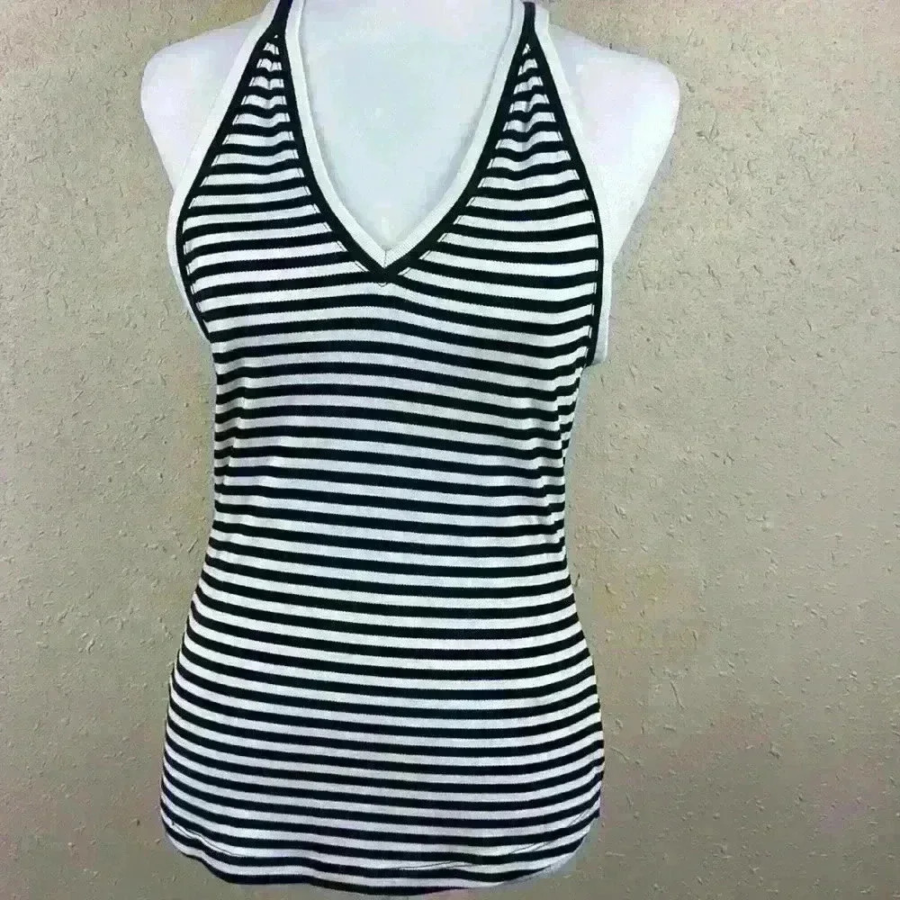 Anthropologie Maeve Knit V-Neck Racerback Striped Navy Tank Top Size small - Picture 3 of 8